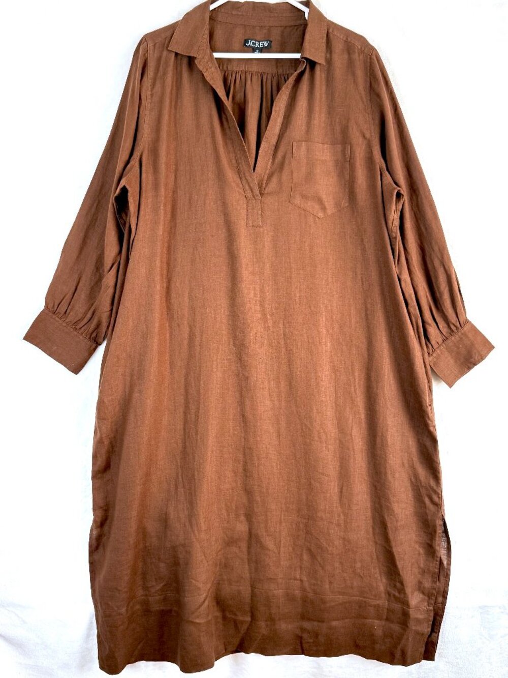 J Crew Linen Collared Long Maxi Long Sleeve Shirt Dress 2X Brown Coastal Resort